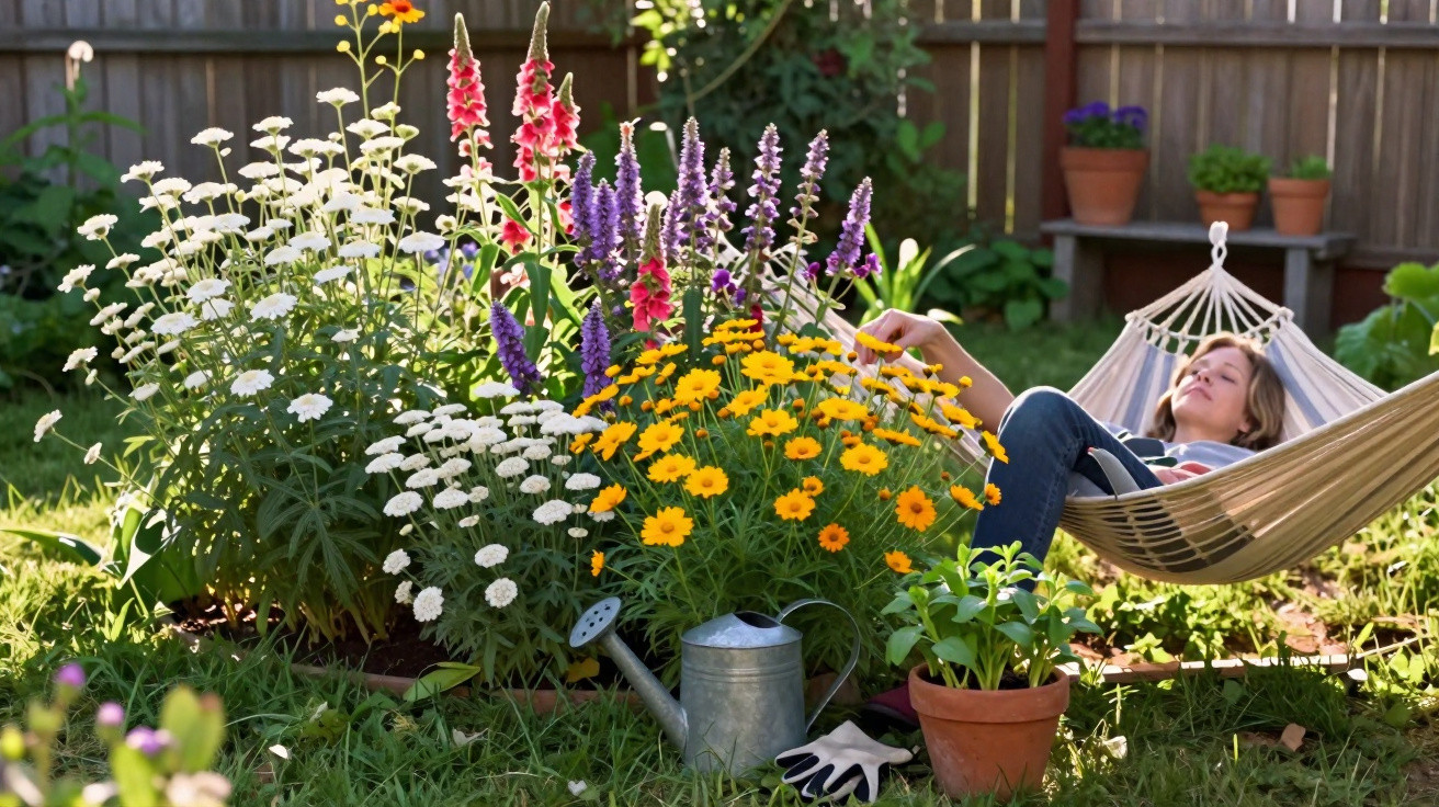 Child relaxing in a hammock beside a colourful flower bed with gardening tools in a sunny backyard.