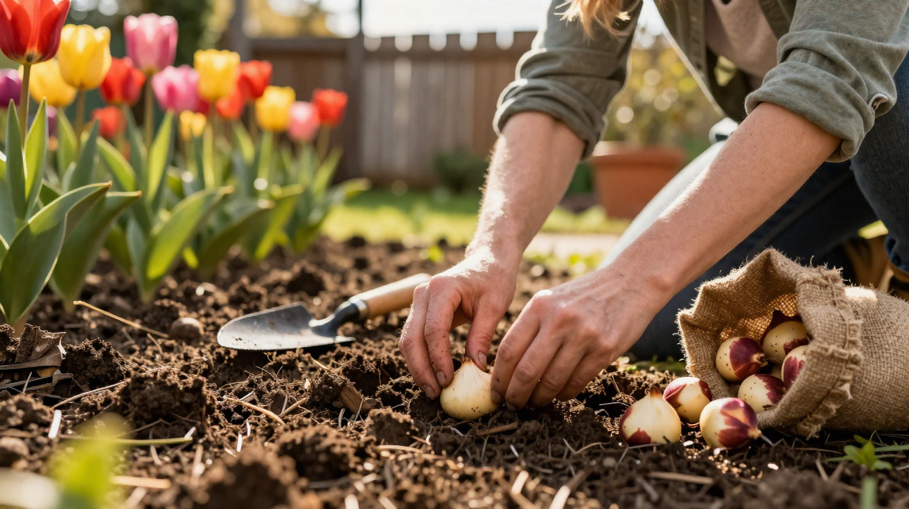 Person planting flower bulbs in soil next to a burlap sack and colorful tulips in a garden.