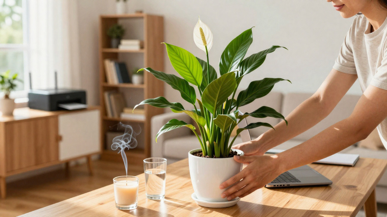 Person placing a peace lily plant on a wooden table with a lit candle and glass of water in a living room.
