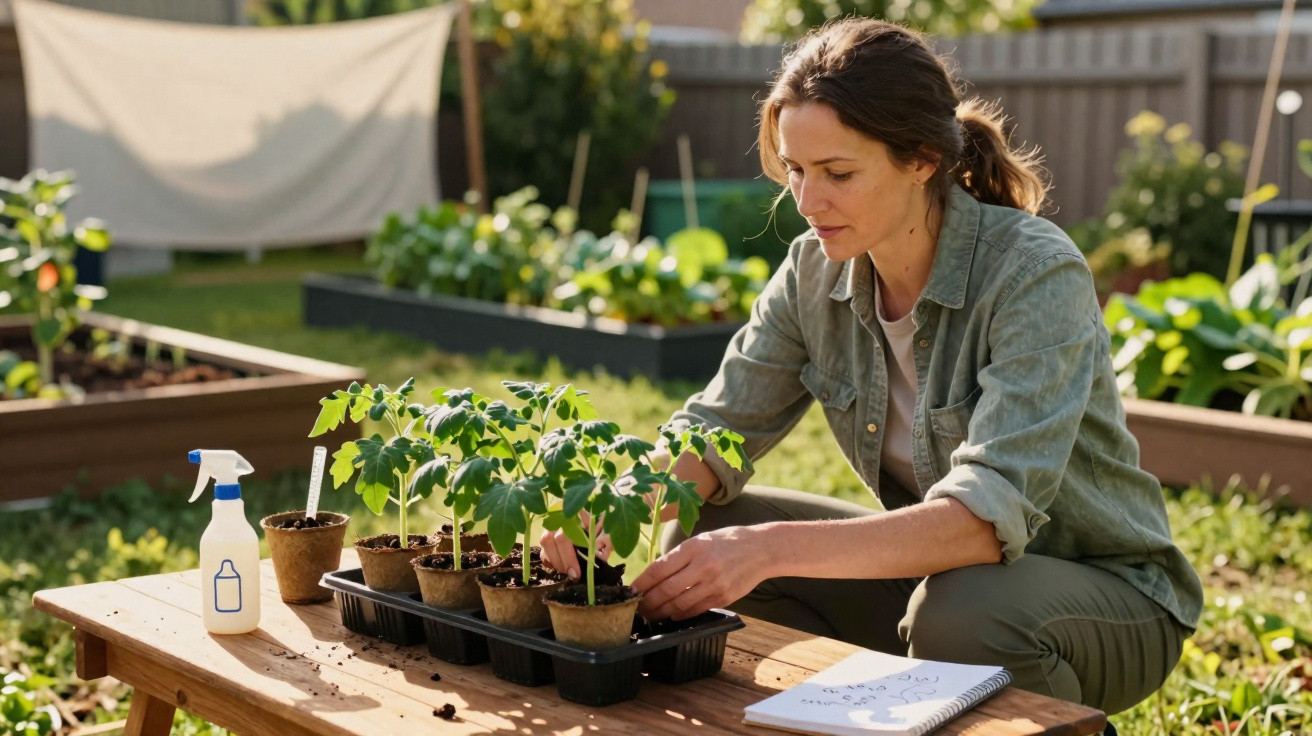 Woman tending tomato seedlings on a wooden table in a sunny garden with a spray bottle and notebook nearby.