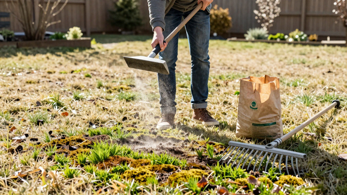 Person using a rake and hoe to clean moss and grass in a sunny backyard garden.