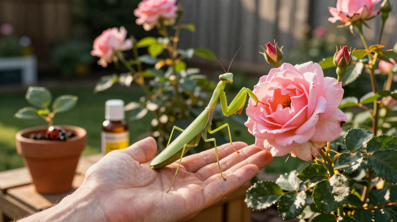 A green praying mantis on a person's hand near a blooming pink rose in a sunlit garden.