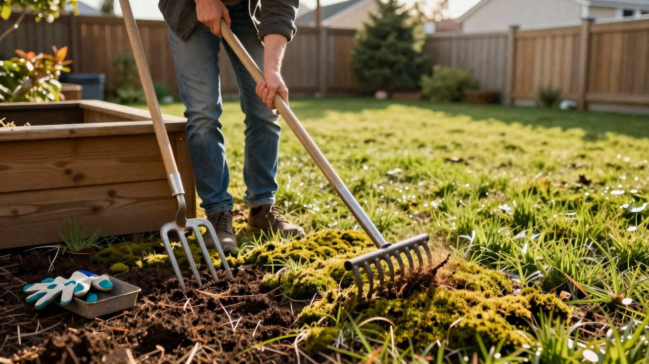 Person working in garden using gardening fork and rake to loosen soil near wooden planter box.