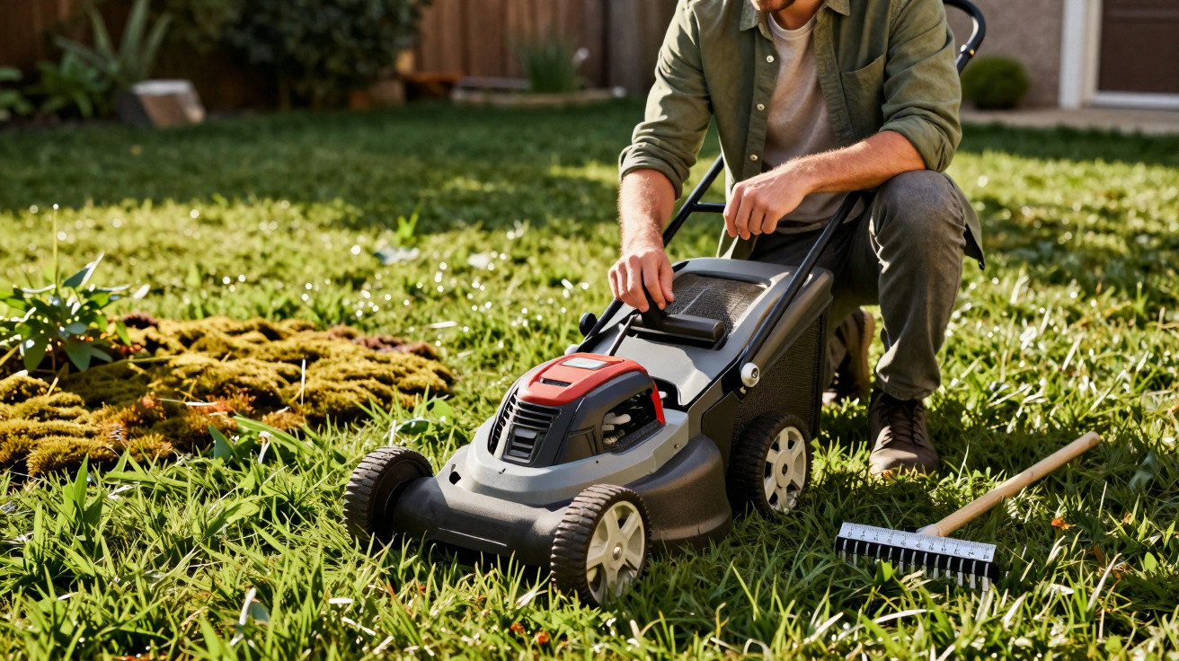 Person adjusting an electric lawn mower on grass next to a garden rake in a backyard garden.