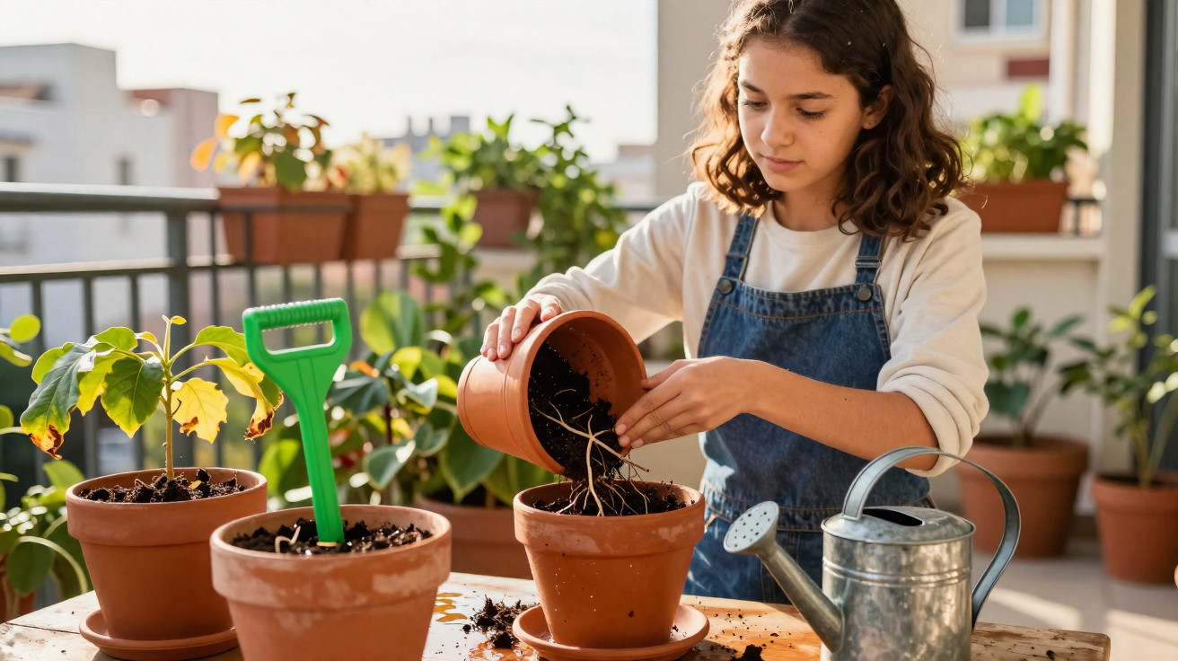 Young girl repotting a plant on a sunny balcony with gardening tools around her