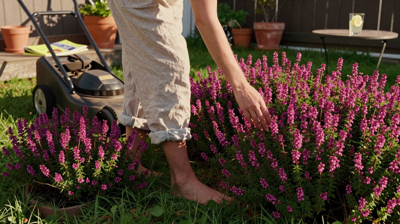 Barefoot person tending to pink flowers in a garden with a lawnmower and table with drink nearby.