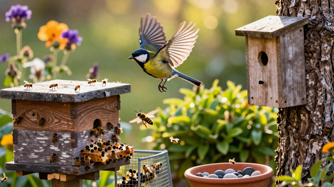 Great tit in flight near beehive with bees and birdhouse on tree in a garden setting.