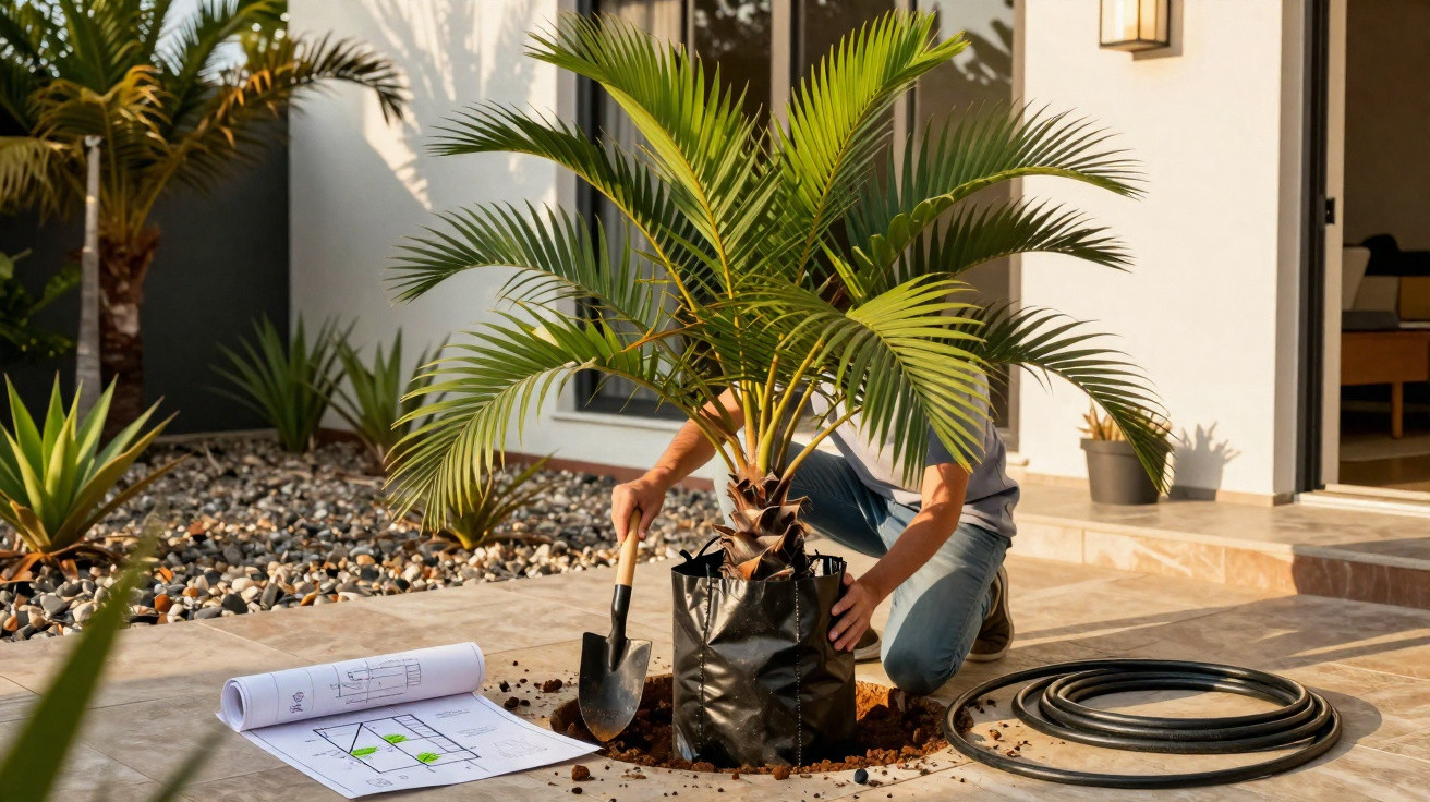Person planting a palm tree in a garden patio, with gardening tools and plans nearby.