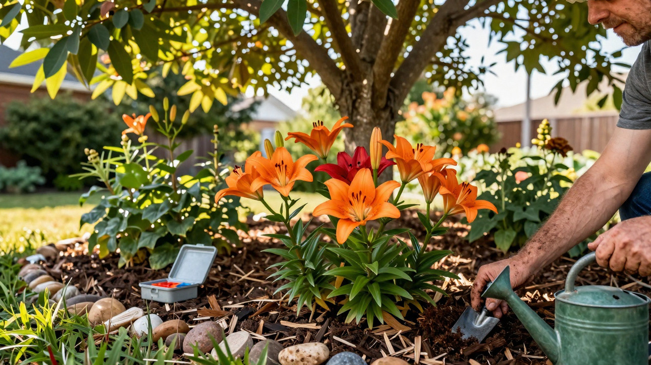 Person gardening orange lilies under a tree with a watering can and gardening tools in a sunny backyard.