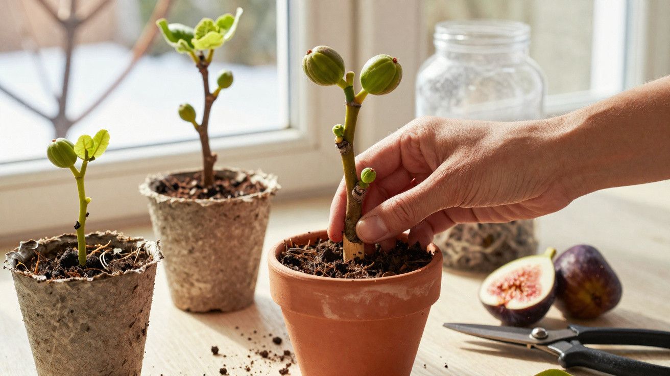 Hand placing a small fig plant cutting in terracotta pot on a table with two other seedlings by a window.