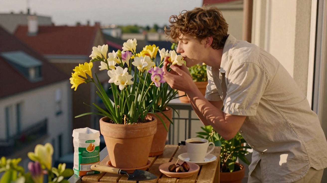 Young man smelling yellow and white flowers on a balcony table with gardening tools and a cup of coffee.