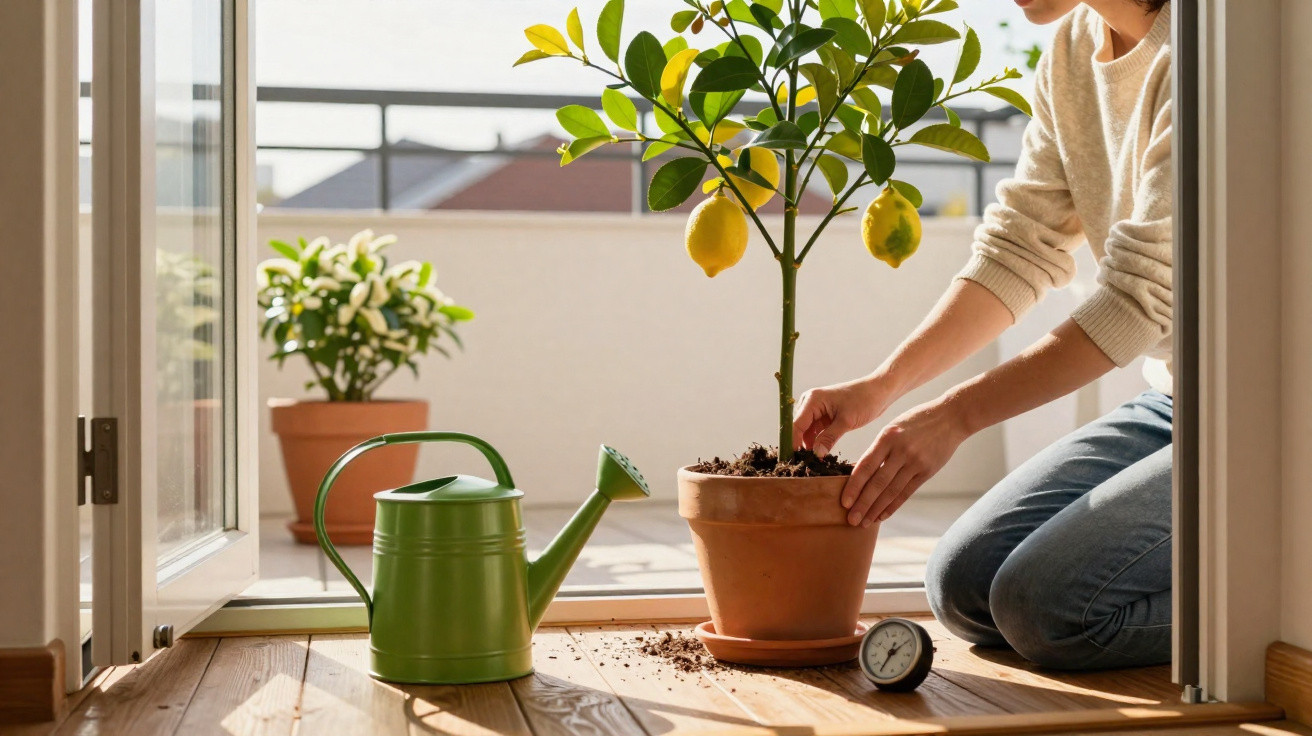 Person tending to a lemon tree in a terracotta pot on a sunlit indoor wooden floor near an open door.