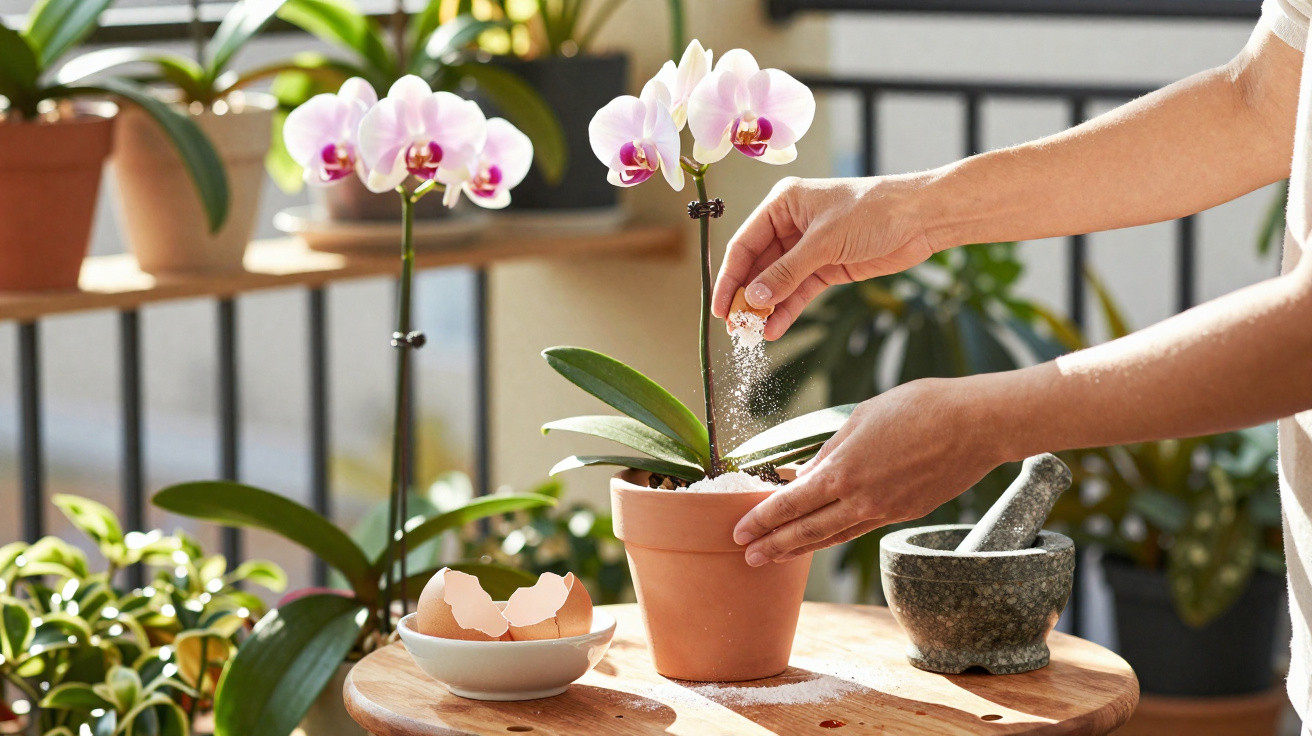 Person sprinkling crushed eggshells as fertiliser on a blooming orchid in a terracotta pot on a wooden table.