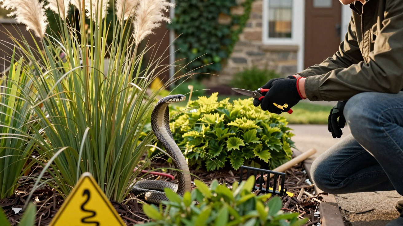Person wearing gloves holding a knife near a raised cobra snake in a garden bed beside a warning sign.