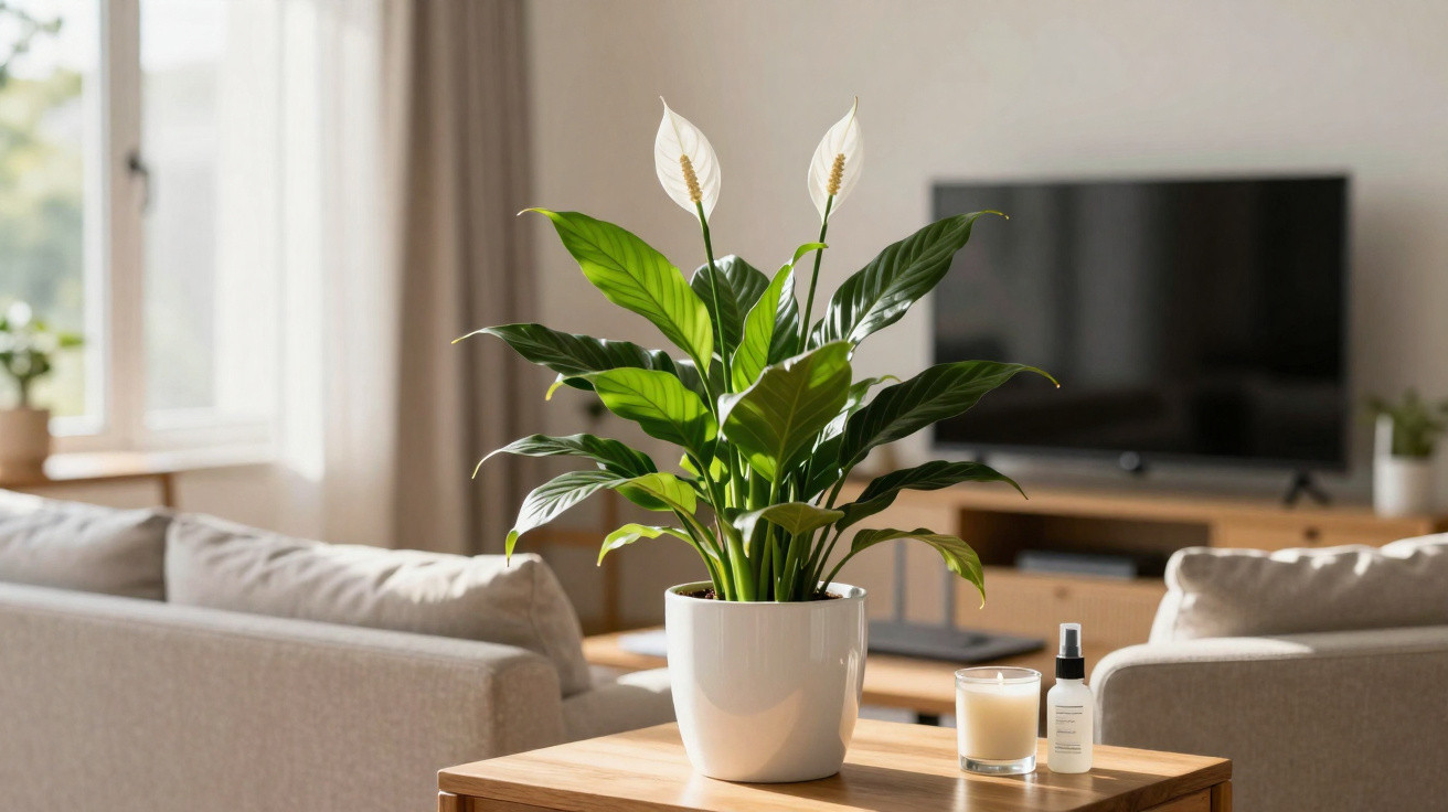 Peace lily plant in white pot on wooden table with candle and spray in bright living room