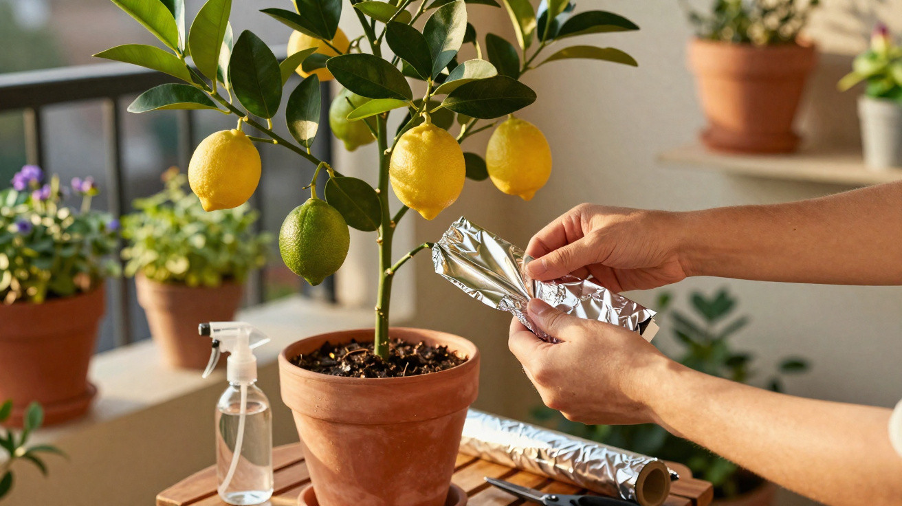 Hands wrapping a lemon tree branch with aluminium foil on a balcony surrounded by potted plants.