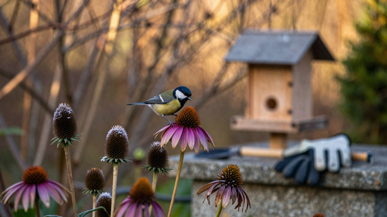 Great tit bird perched on a purple coneflower with a birdhouse and gardening gloves in the background.