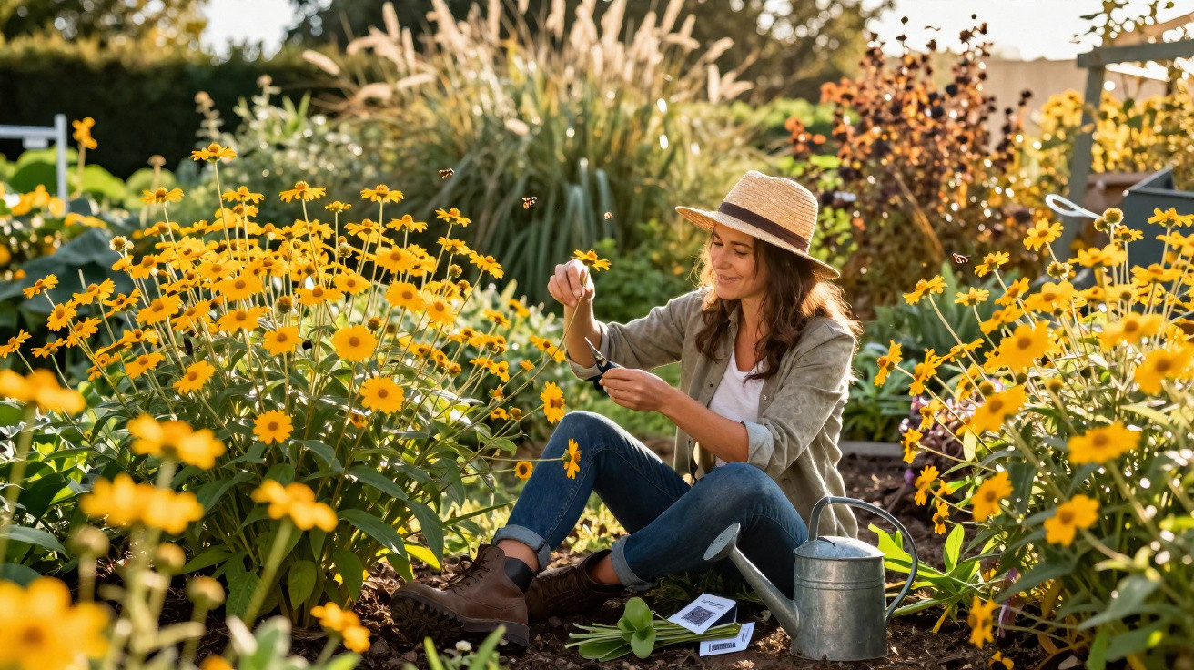 Woman in a straw hat sitting in a garden among yellow flowers, trimming plants with gardening tools.