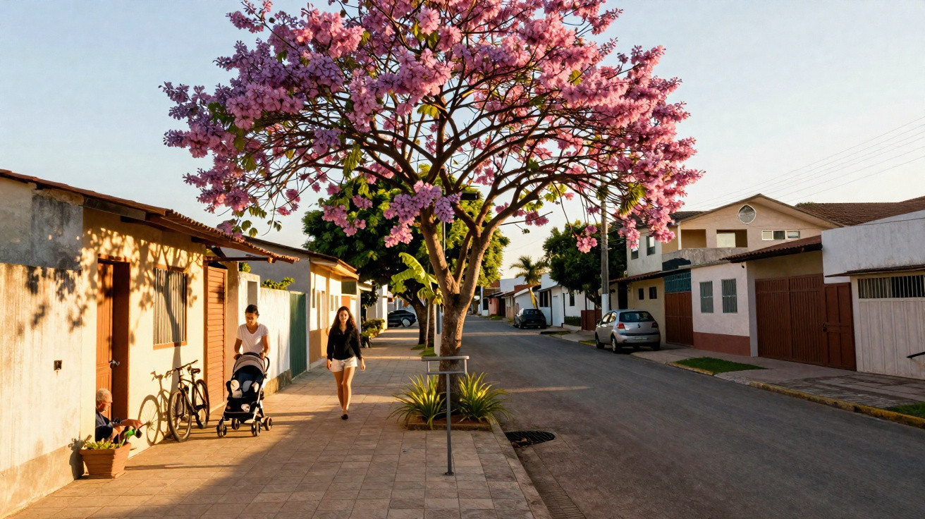 Quiet suburban street with blooming pink tree, people walking, and bicycles in warm sunlight.