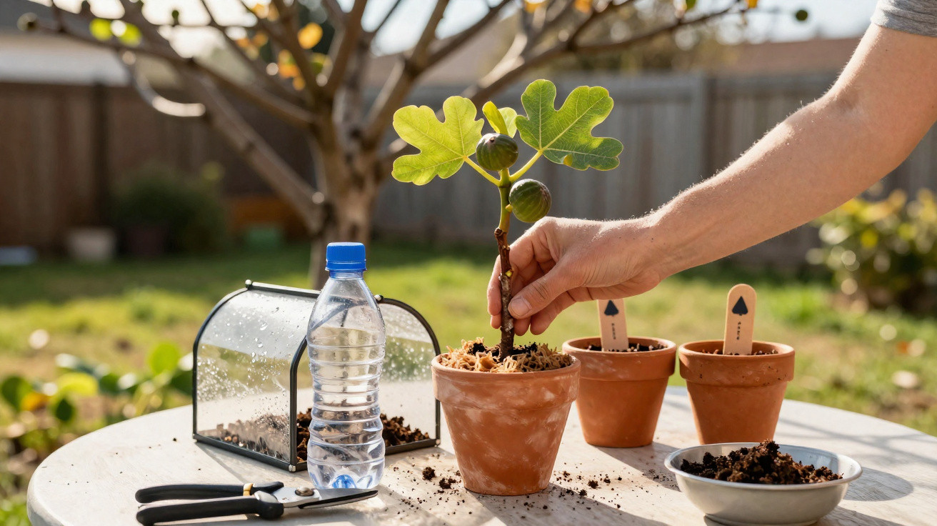 Hand placing a young fig plant with fruits in a terracotta pot on a garden table with gardening tools.