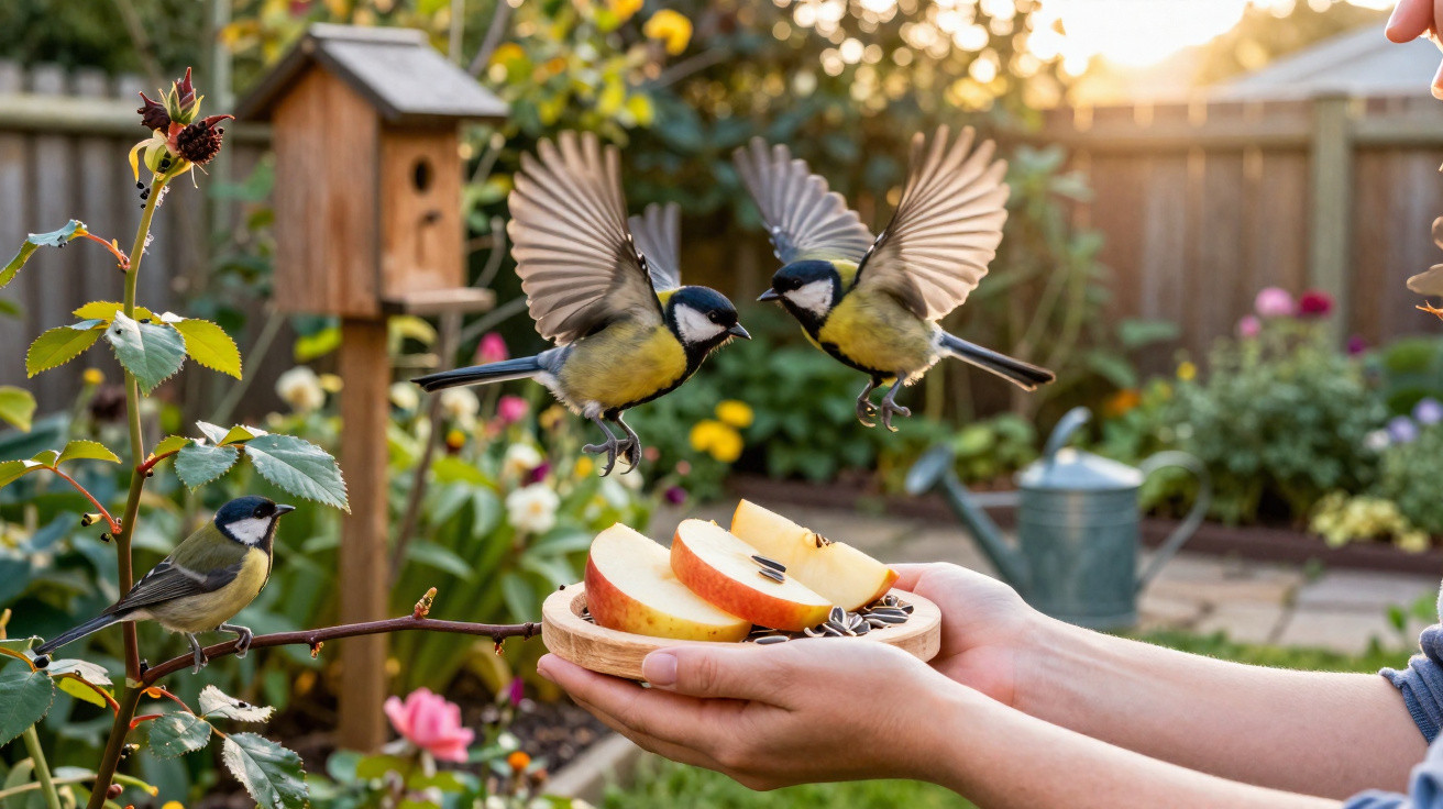 Two blue tits flying to feed on apple slices and seeds held by a person in a garden at sunset.