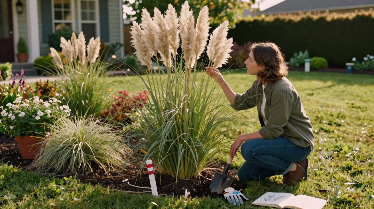 Woman kneeling in a garden tending to tall pampas grass with gardening tools and a notebook nearby.