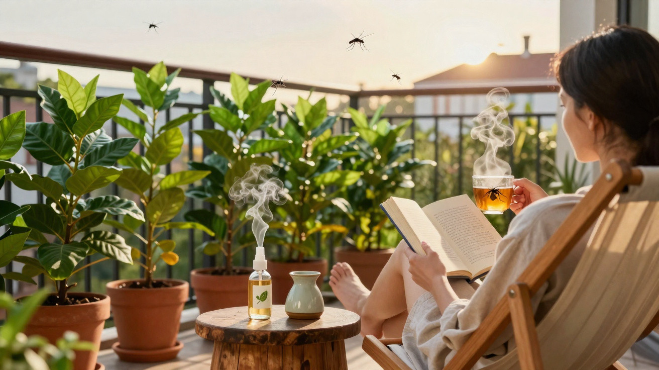 Woman sitting on balcony reading a book and drinking tea with mosquito repellent and flying mosquitoes nearby