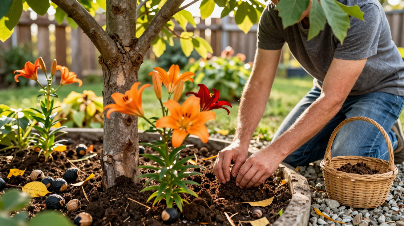 Person planting flowers in a garden bed near a small tree with orange lilies and a wicker basket nearby.