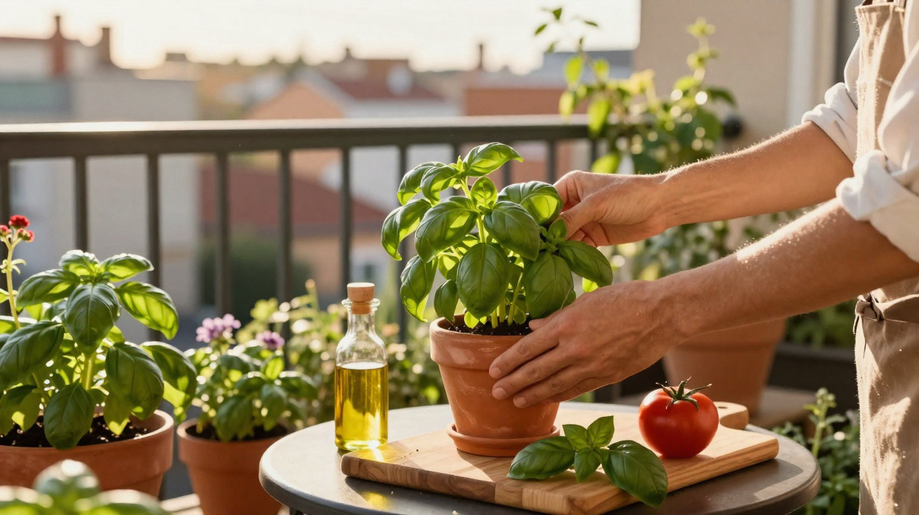 Person tending to a potted basil plant on a balcony table with tomato and oil bottle nearby.