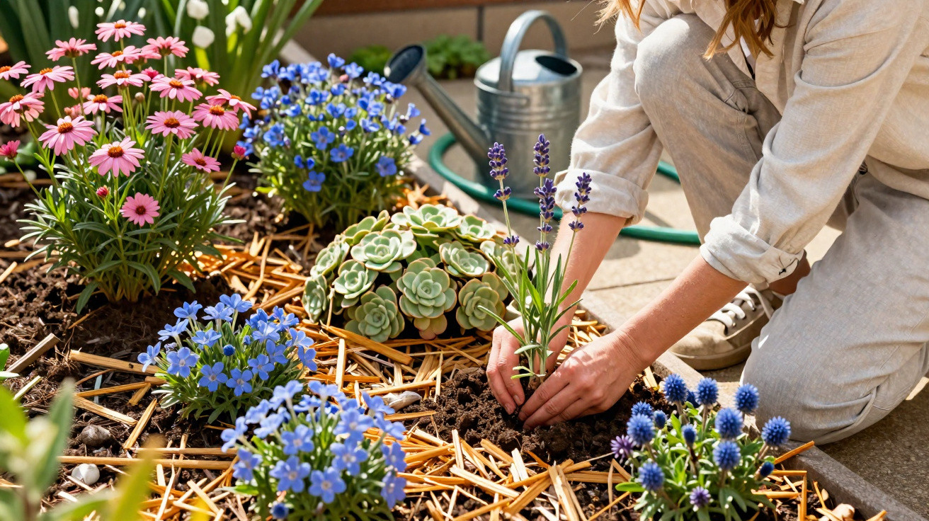 Person planting lavender among pink, blue, and purple flowers in a garden bed with straw mulch.