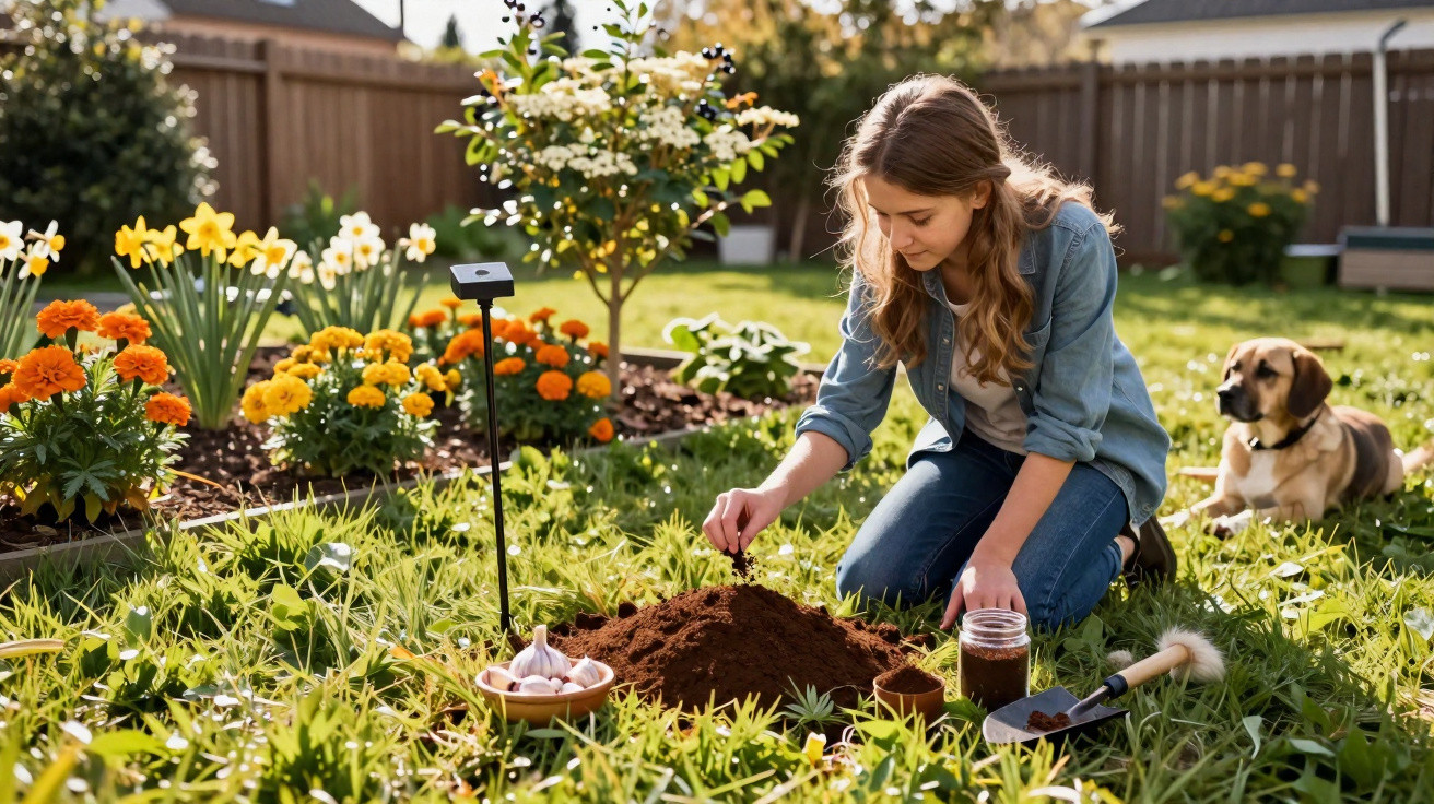 Young woman planting garlic cloves in a sunny garden with marigolds and a dog sitting nearby
