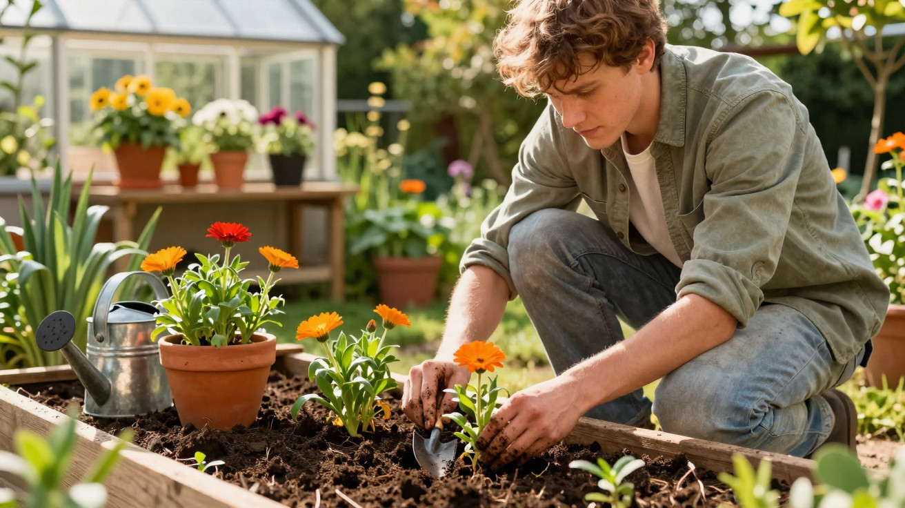 Young man planting orange flowers in a garden bed on a sunny day with gardening tools nearby