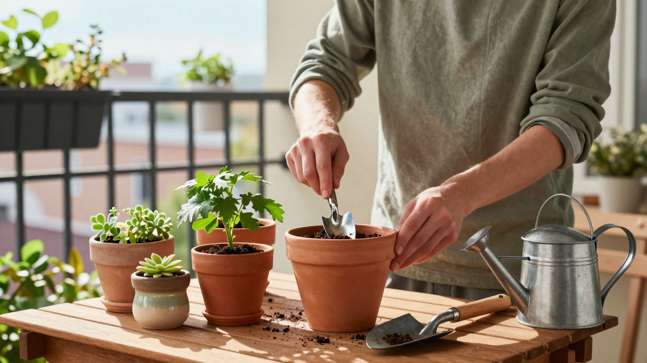 Person planting seeds in a terracotta pot on a wooden table with succulents and a watering can nearby.