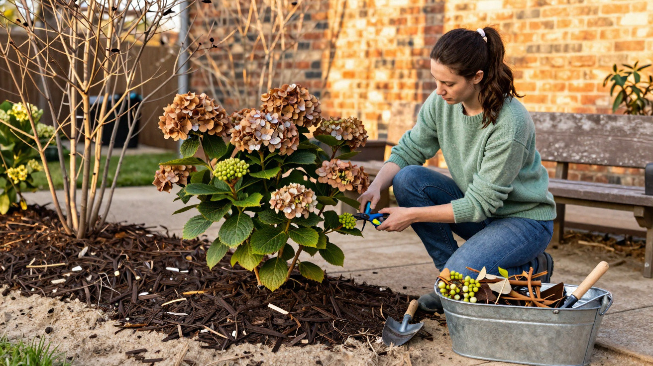 Woman pruning brown hydrangea flowers in a garden bed beside a bench with gardening tools nearby