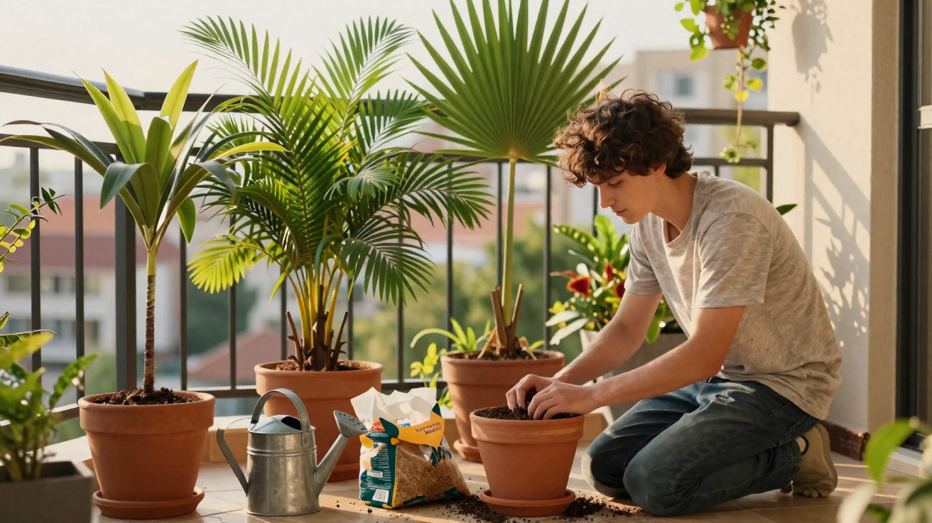 Young man planting in a pot on a balcony surrounded by various green potted plants in daylight.