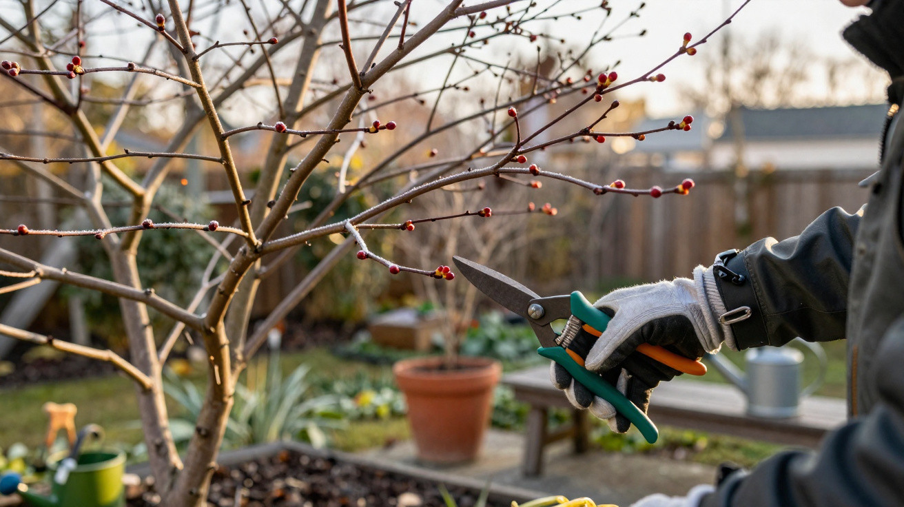 Person wearing gloves pruning a tree with budding branches in a garden during autumn or early spring.