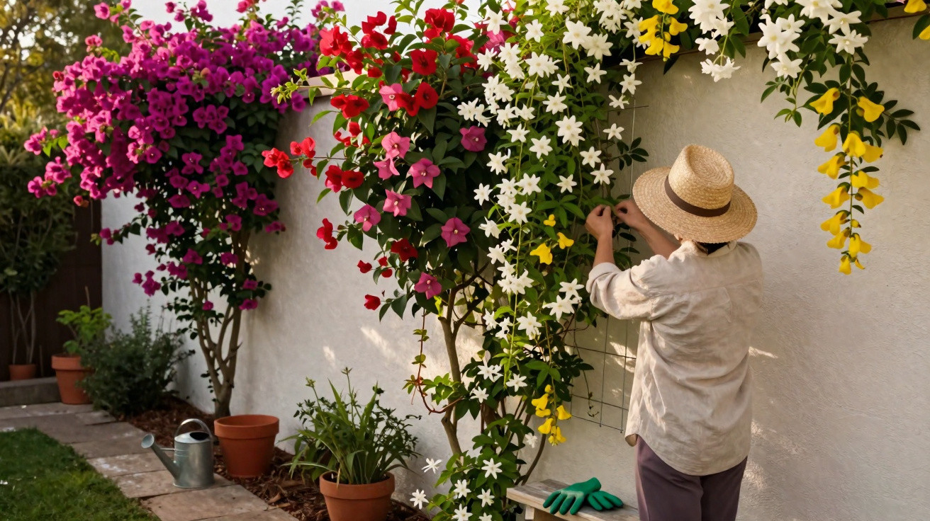 Person in a straw hat tending colourful climbing flowers on a white garden wall with potted plants nearby.