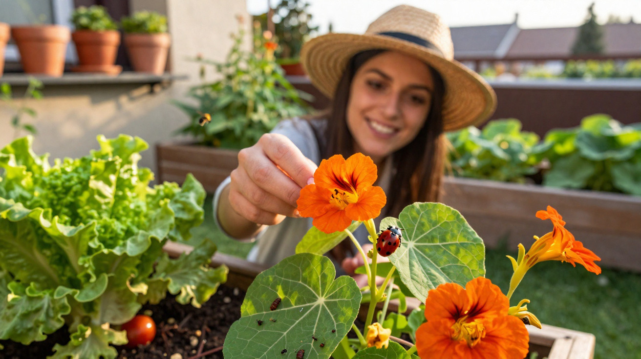 Woman wearing a straw hat tending to orange flowers and a ladybird in a garden with raised beds.
