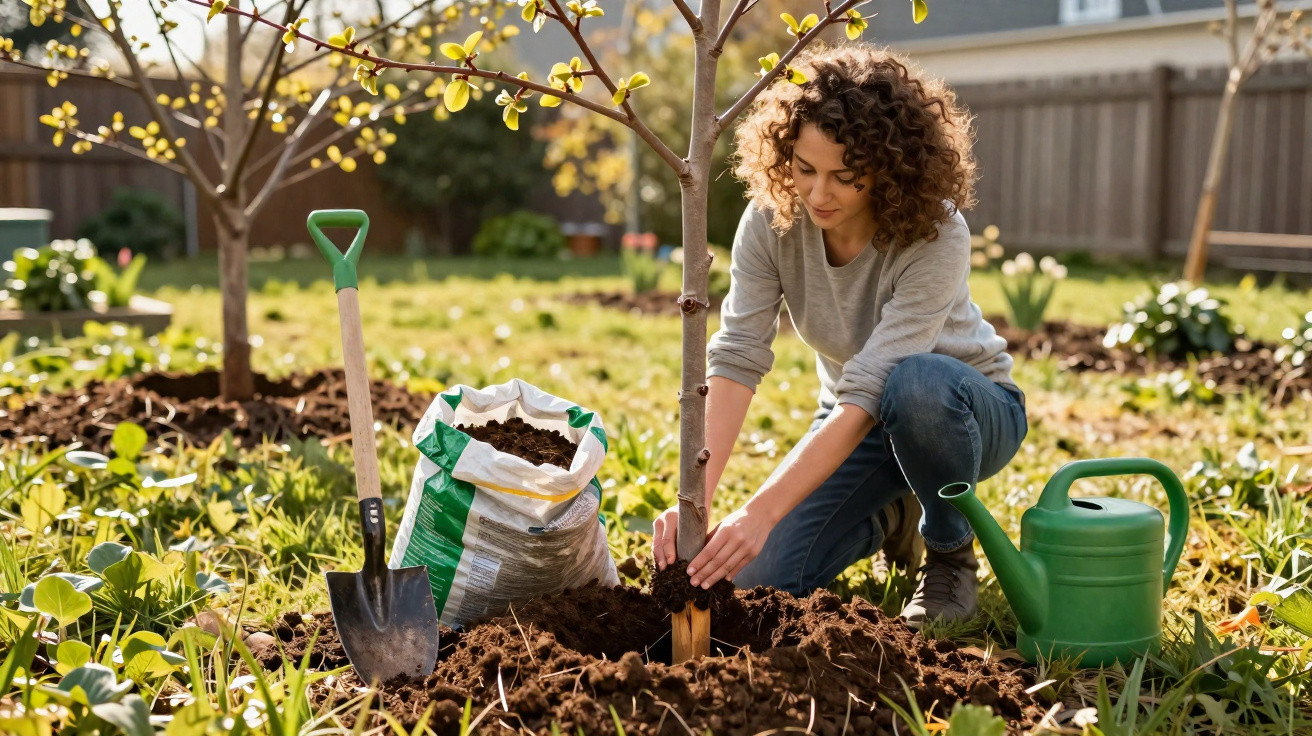 Woman planting a young tree in a garden with soil, a shovel, and a green watering can nearby.