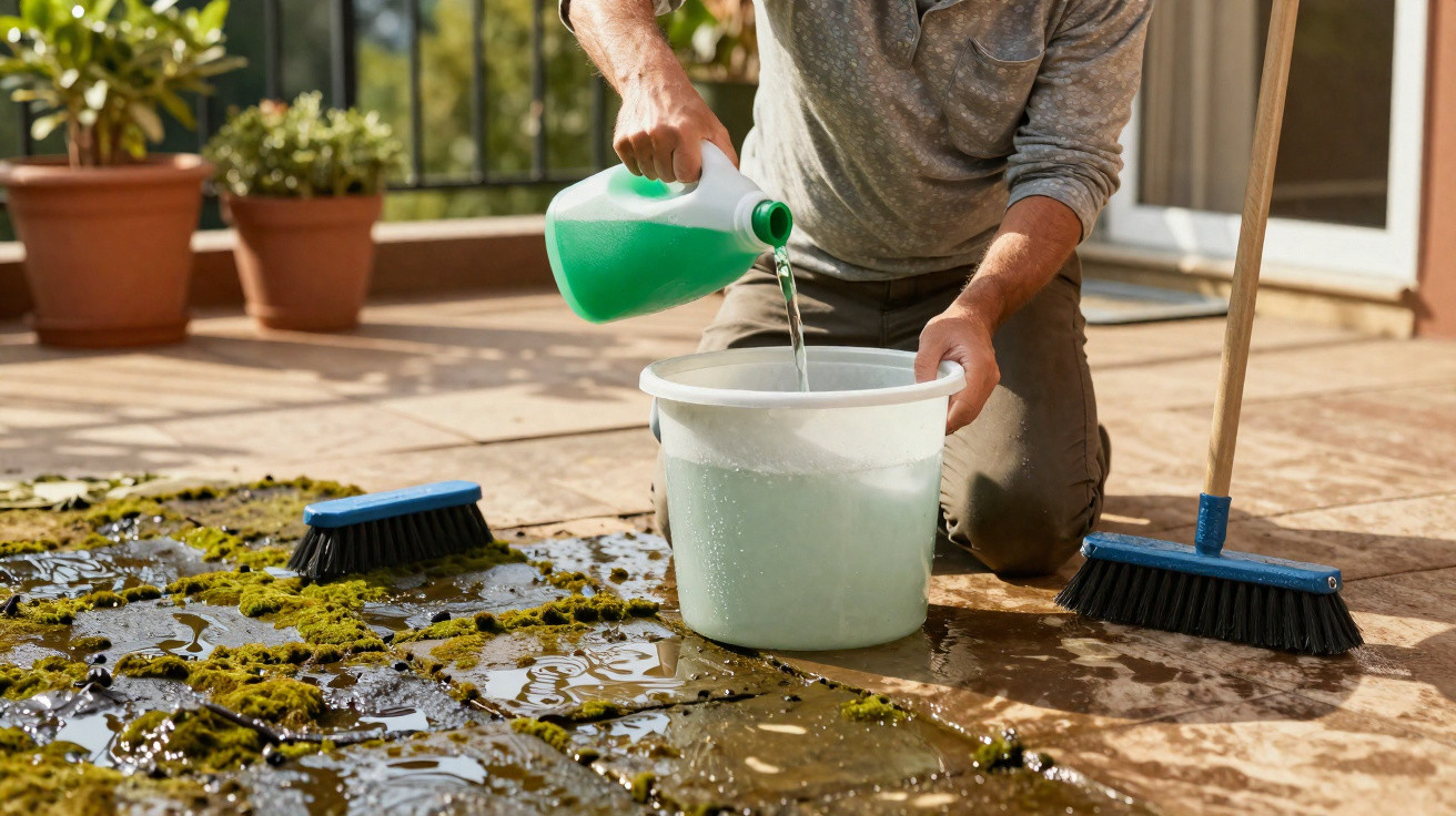 Person pouring cleaning liquid into a bucket while scrubbing moss on an outdoor tiled patio.