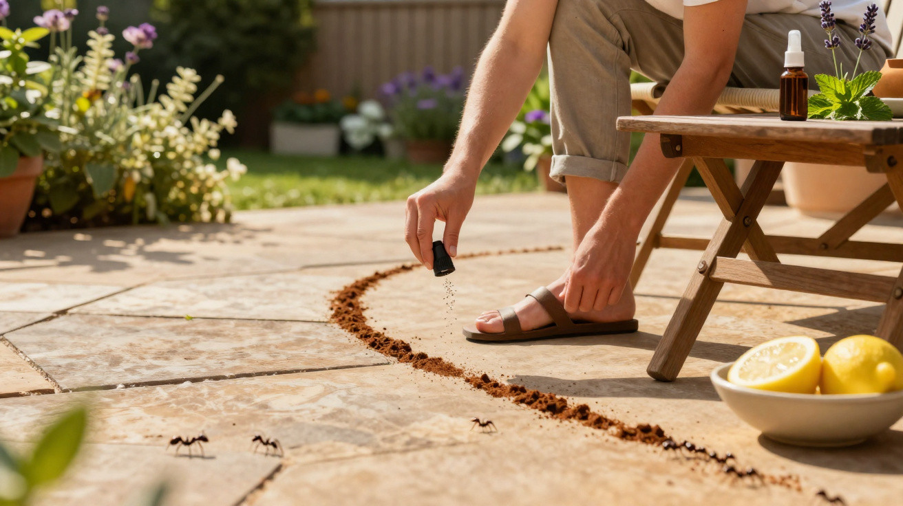 Person sprinkling powder to form a line on garden patio, blocking ants approaching, beside a bowl of lemons.
