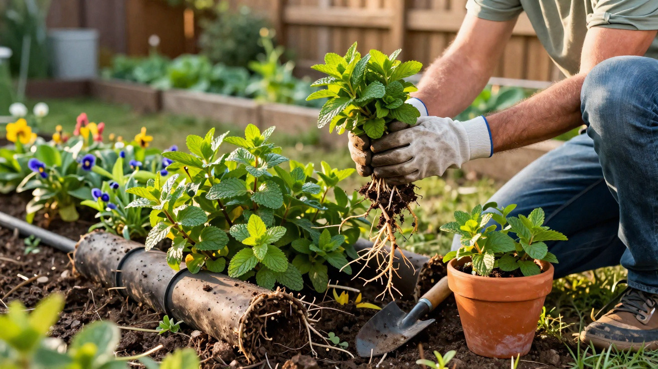 Person transplanting a mint plant from the ground into a terracotta pot in a sunny garden.