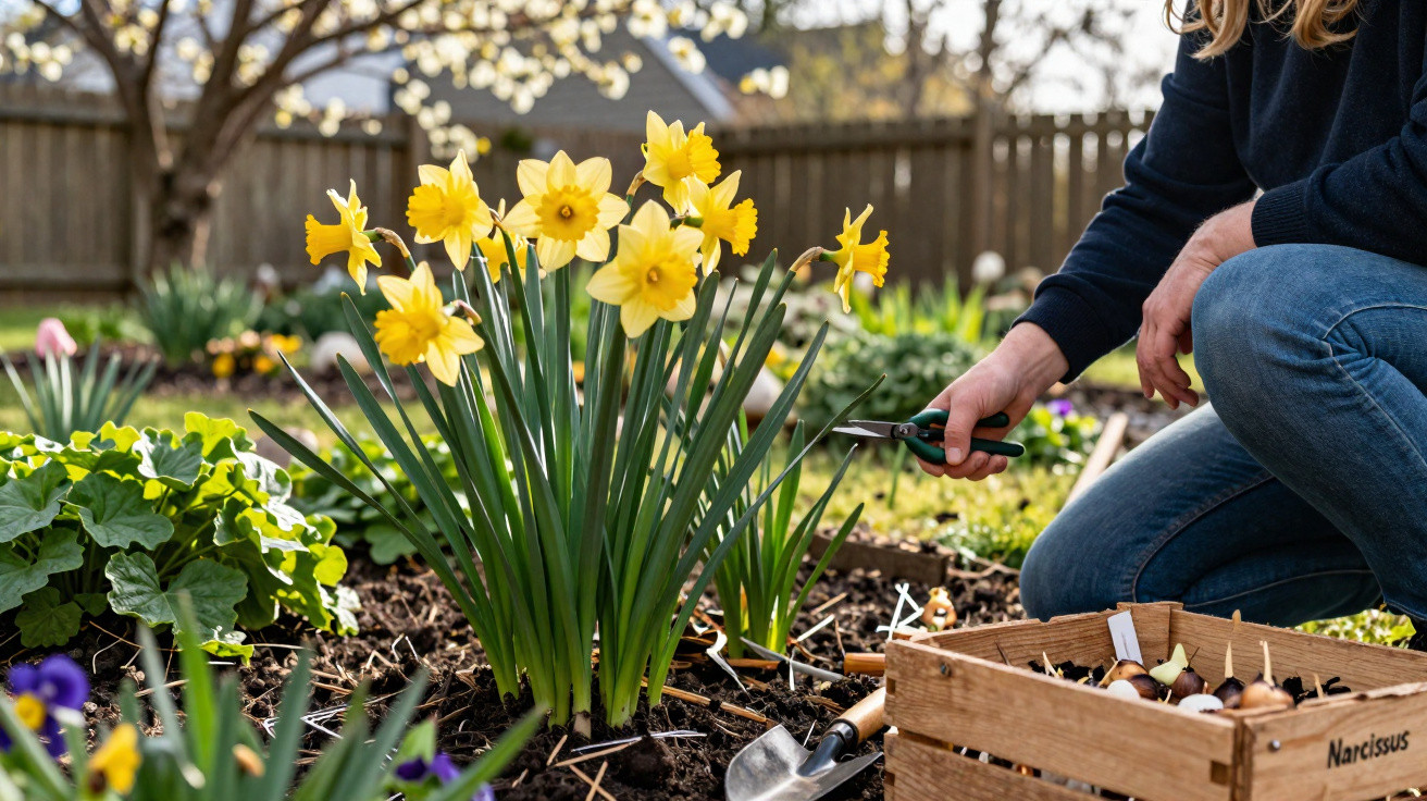 Person trimming yellow daffodils in a garden bed with gardening tools and a box of bulbs nearby.