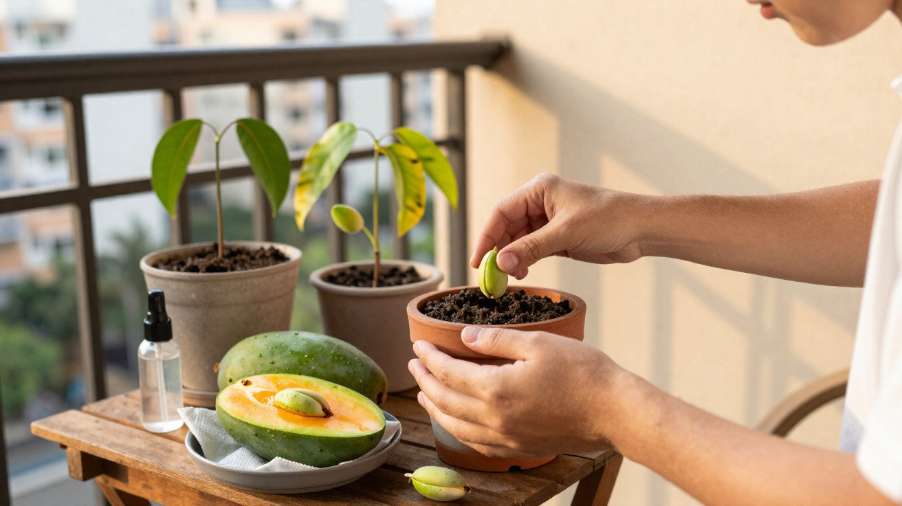 Person planting an avocado seed in a pot on a balcony table with potted avocado plants and a halved avocado.