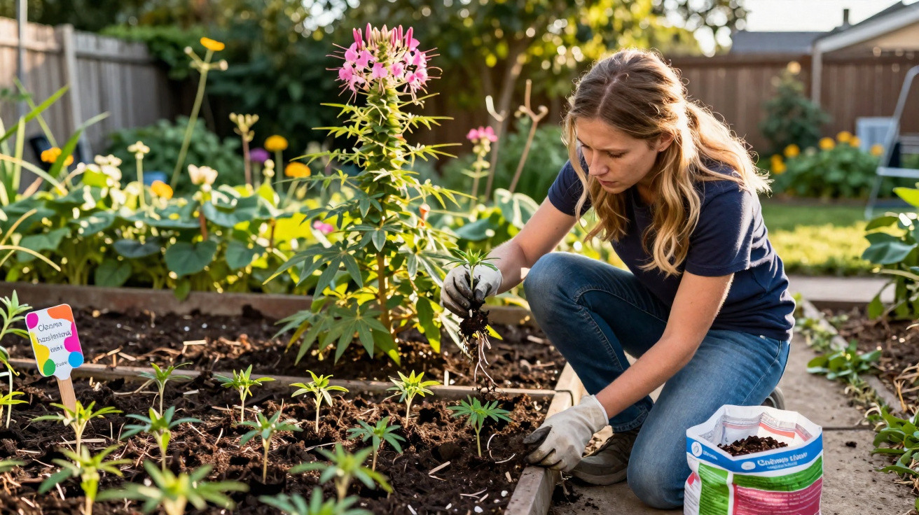 Woman wearing gloves planting seedlings in a raised garden bed on a sunny day.