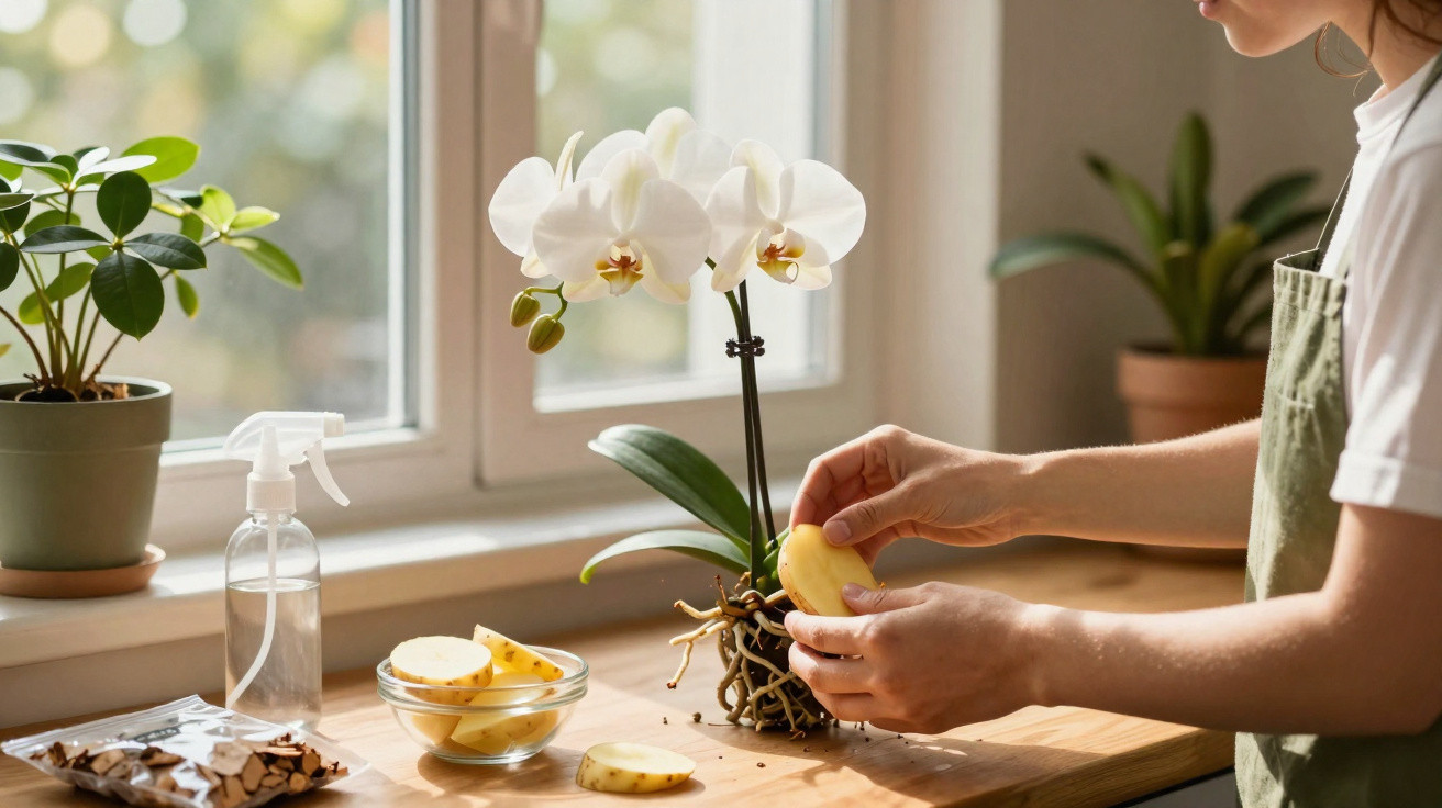 Person preparing orchid roots with sliced potatoes on a wooden table by a window with plants.