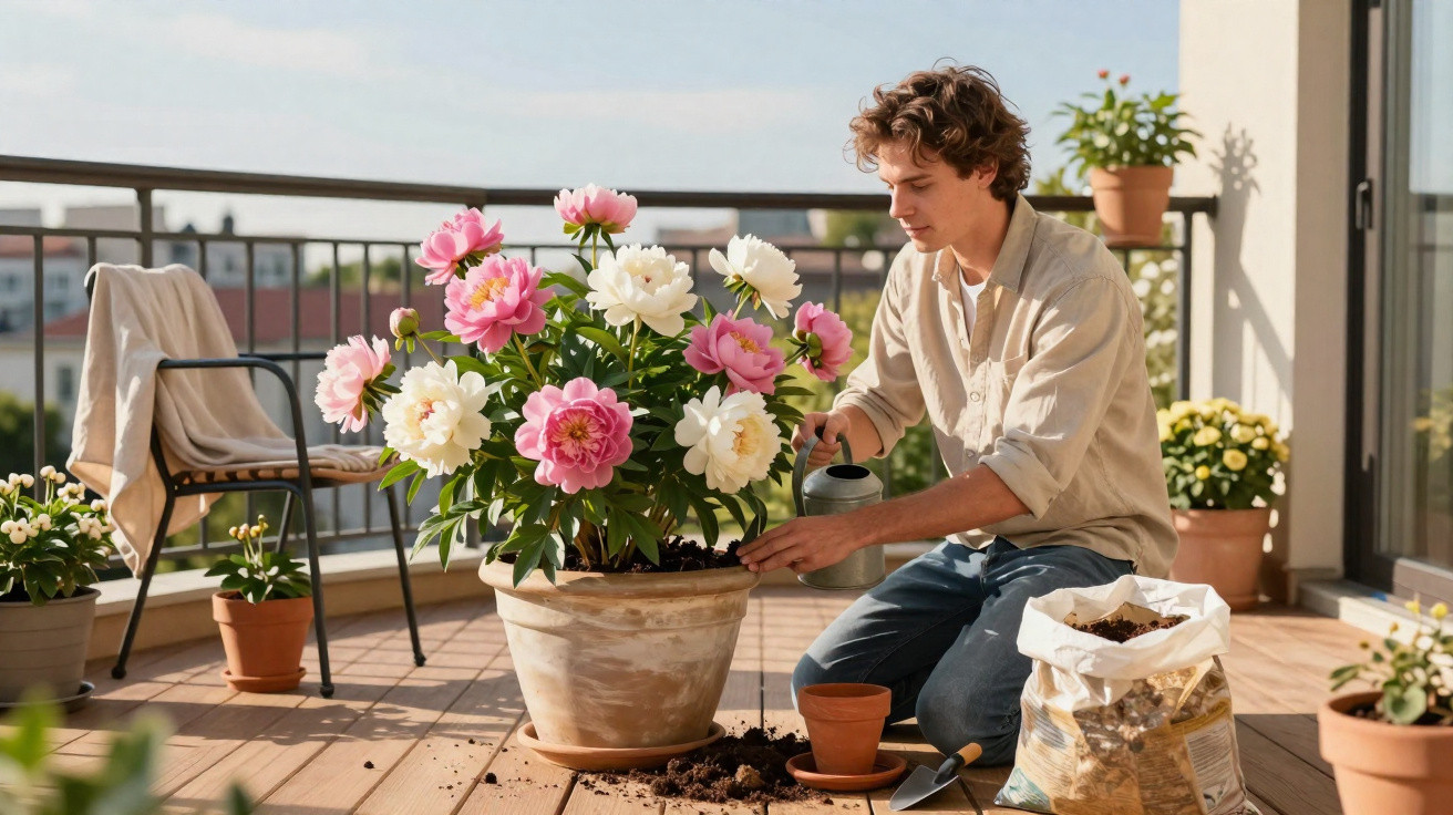 Young man watering pink and white peonies on a sunny balcony with gardening tools and pots nearby