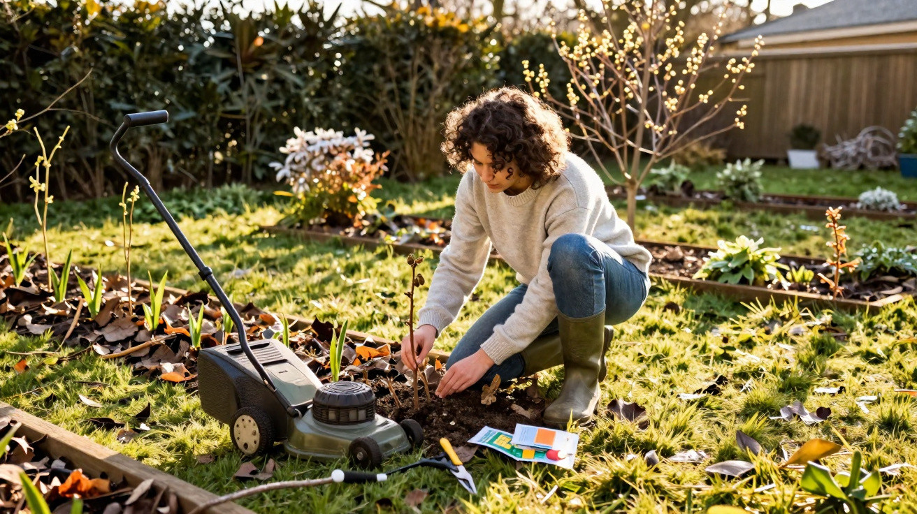 Person planting a small tree in a garden with a lawn mower and gardening tools nearby.