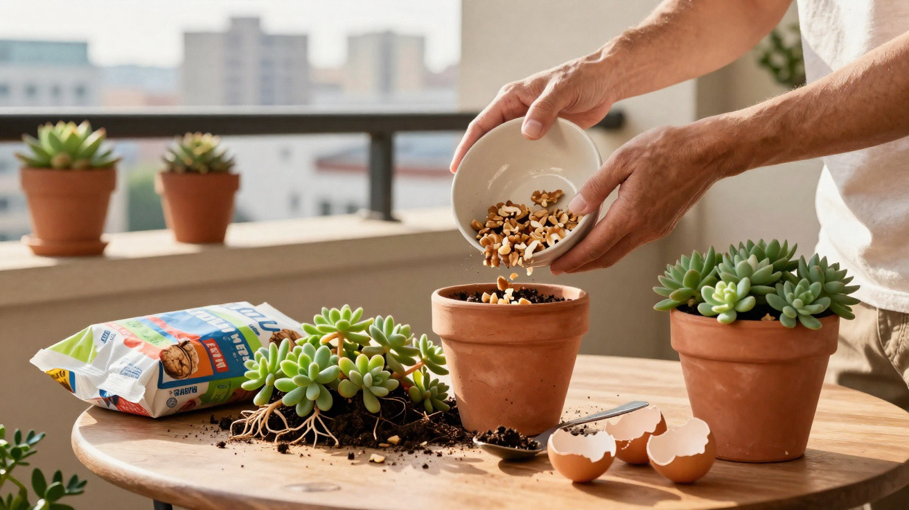 Person adding crushed eggshells to terracotta pot with succulents on wooden table outdoors.