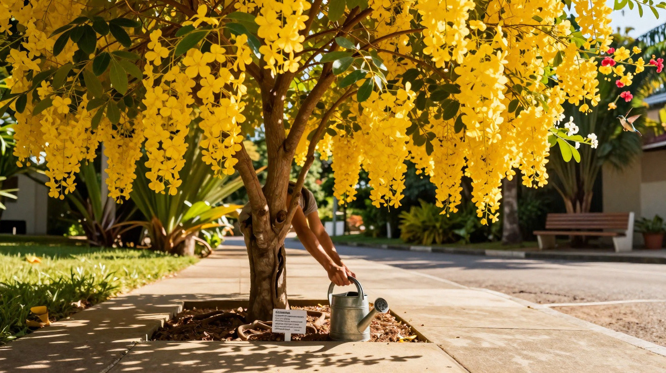 Person watering a tree with bright yellow flowers on a sunny pavement in a garden area.